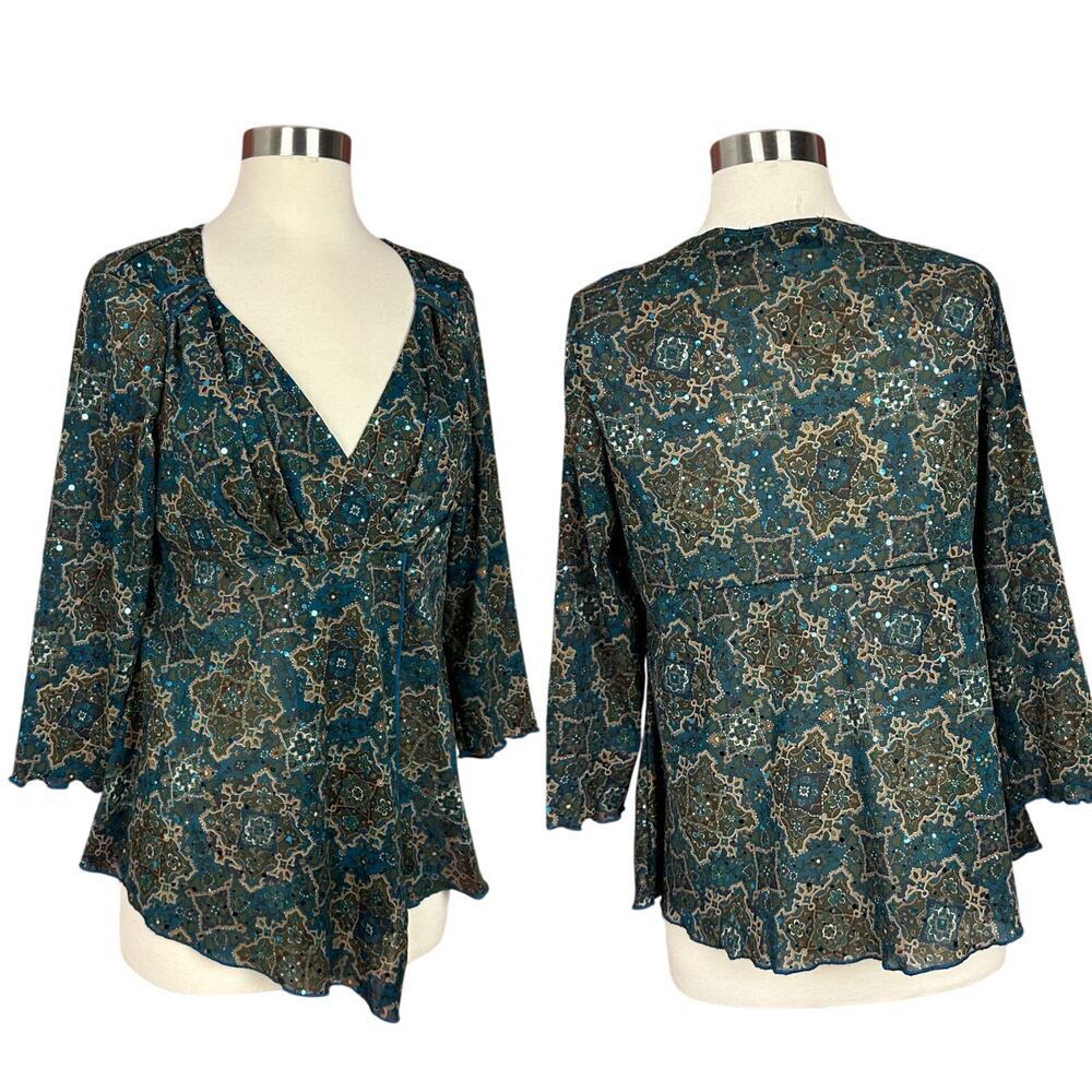 LINK Y2K Babydoll‎ Blouse Emerald Green Shiny Goblincore Boho Womens Size Large
